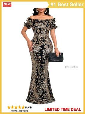 Sexy Sequin Off Shoulder Ruffle Sleeve Bodycon Mermaid Maxi Dress Formal Evening